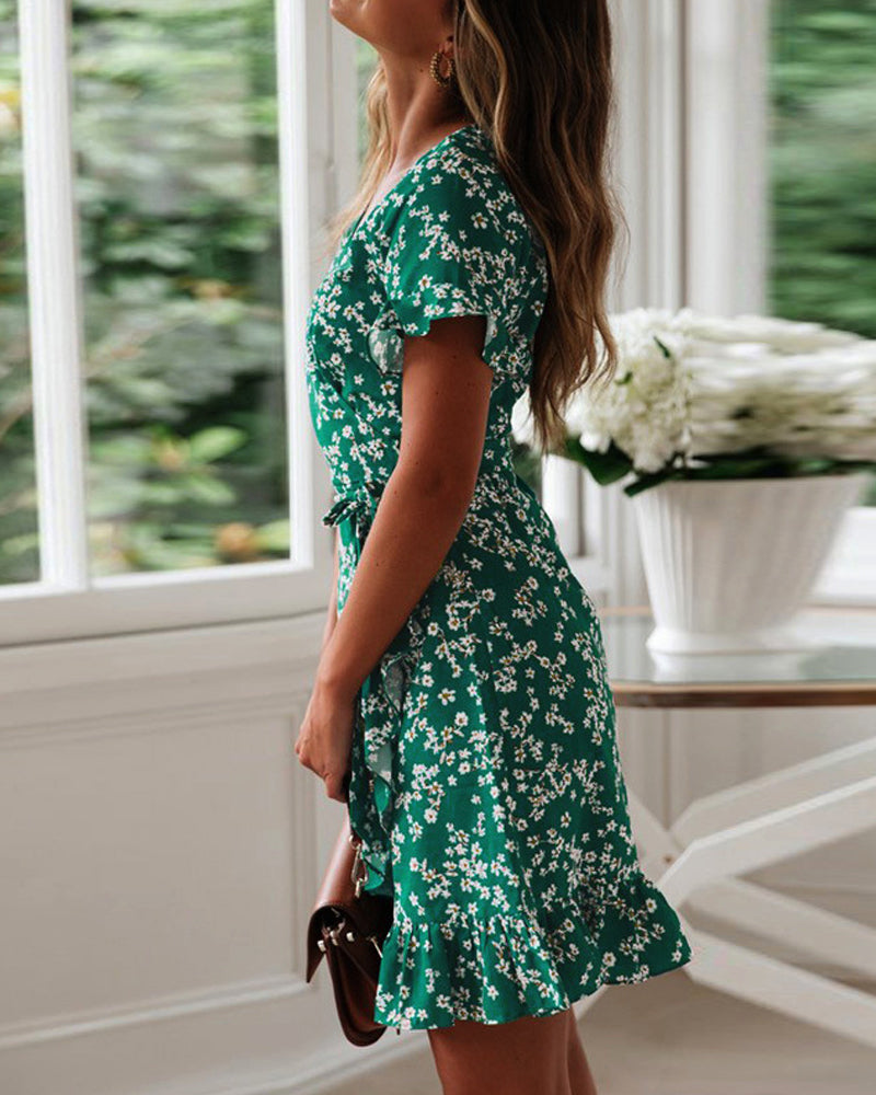 Emerald-Bloom Wrap Dress - VibeSoothe