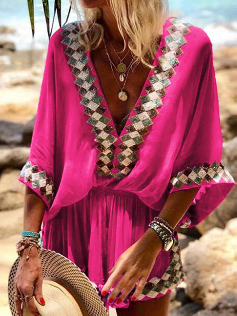 Bohemian Beach Print Kimono Romper - VibeSoothe