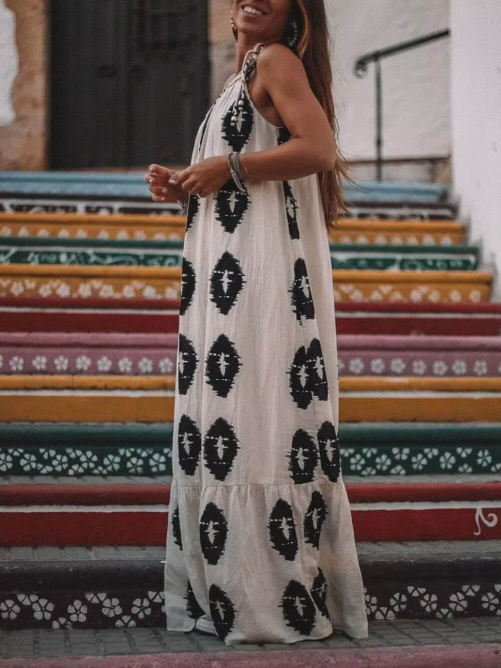 Aztec-Whispers One-Shoulder Maxi Dress - VibeSoothe