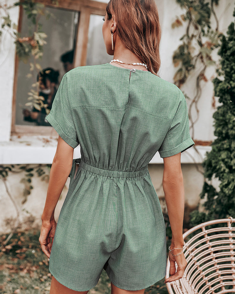 Jade Garden -Short-sleeved Waist Tie Jumpsuit - VibeSoothe