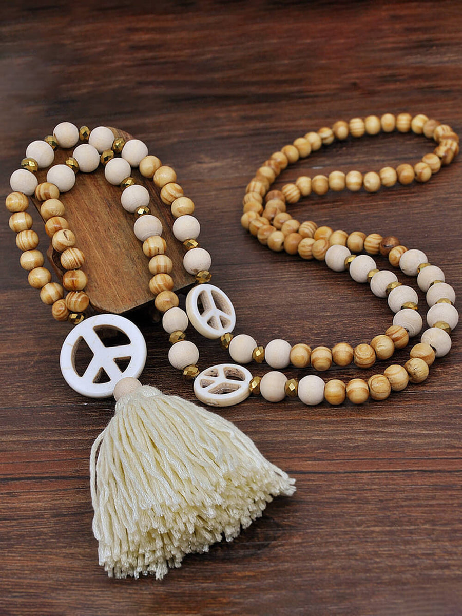 Handmade Wooden Beads Tassel and Peace Charm Pendant Long Necklace - VibeSoothe