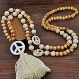 Handmade Wooden Beads Tassel and Peace Charm Pendant Long Necklace - VibeSoothe