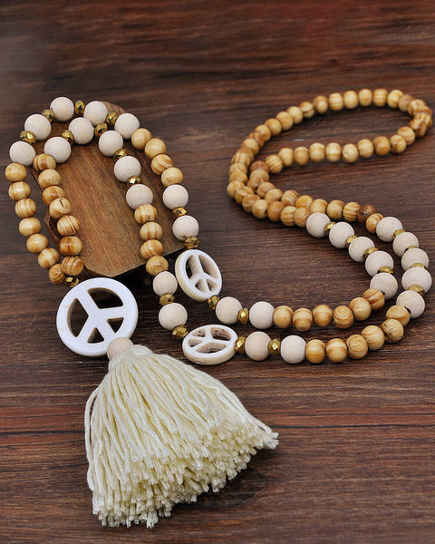 Handmade Wooden Beads Tassel and Peace Charm Pendant Long Necklace - VibeSoothe