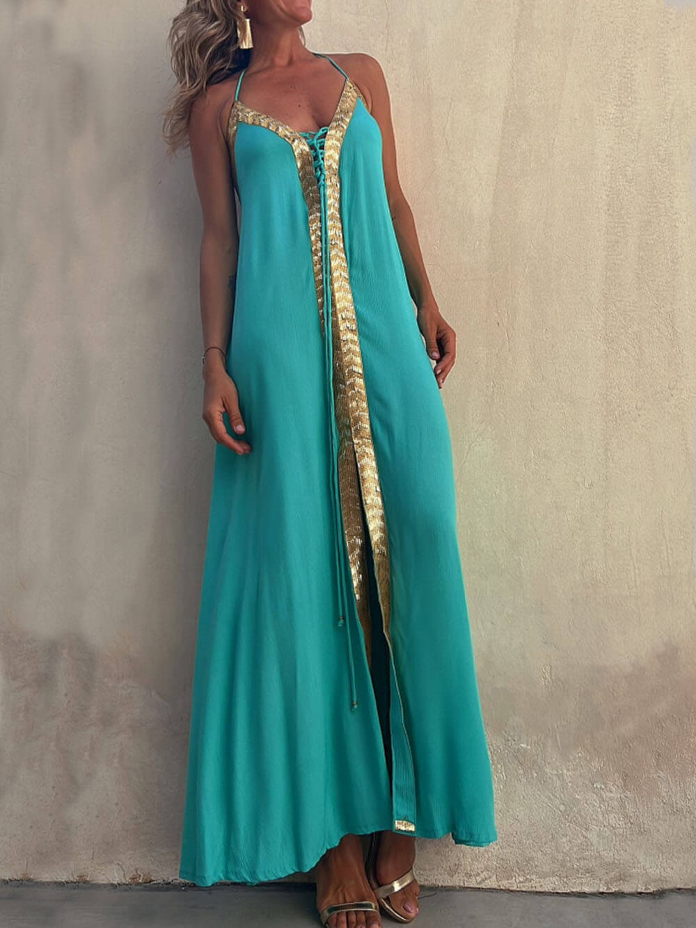 Isla - Turquoise Halter Maxi Dress - VibeSoothe