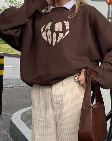 Love Print Loose Brown Pullover Crewneck Sweater Women