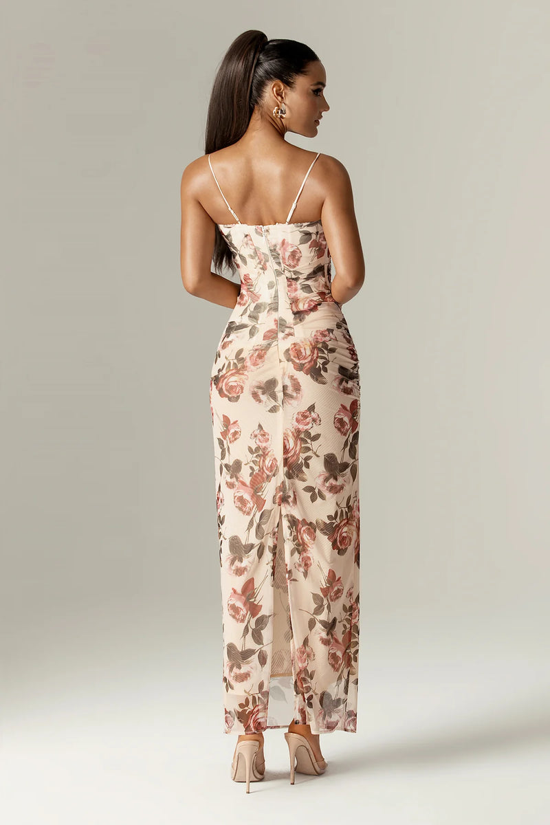 Valencia Bloom - Corset Maxi Dress with Italian Rose Print