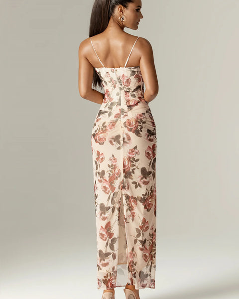 Valencia Bloom - Corset Maxi Dress with Italian Rose Print