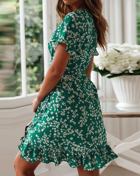 Emerald-Bloom Wrap Dress - VibeSoothe