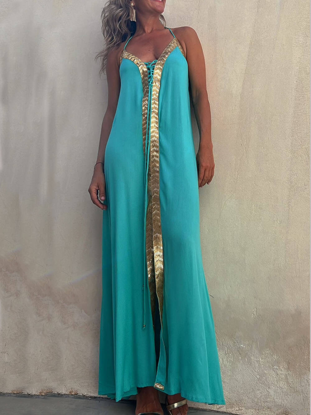 Isla - Turquoise Halter Maxi Dress - VibeSoothe