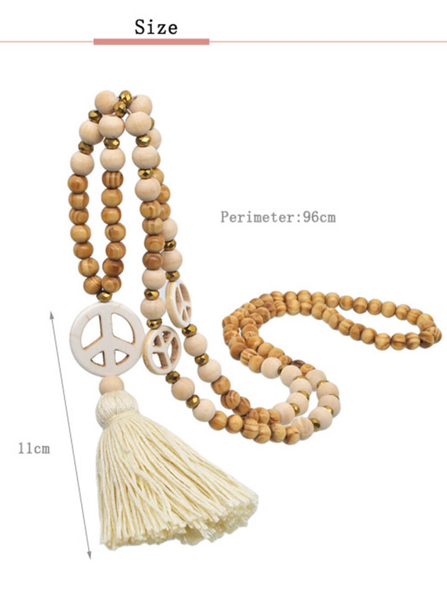 Handmade Wooden Beads Tassel and Peace Charm Pendant Long Necklace - VibeSoothe