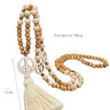 Handmade Wooden Beads Tassel and Peace Charm Pendant Long Necklace - VibeSoothe