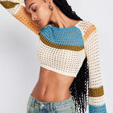 Contrasting Color Stitching Long -sleeved Hollow Sweater - VibeSoothe