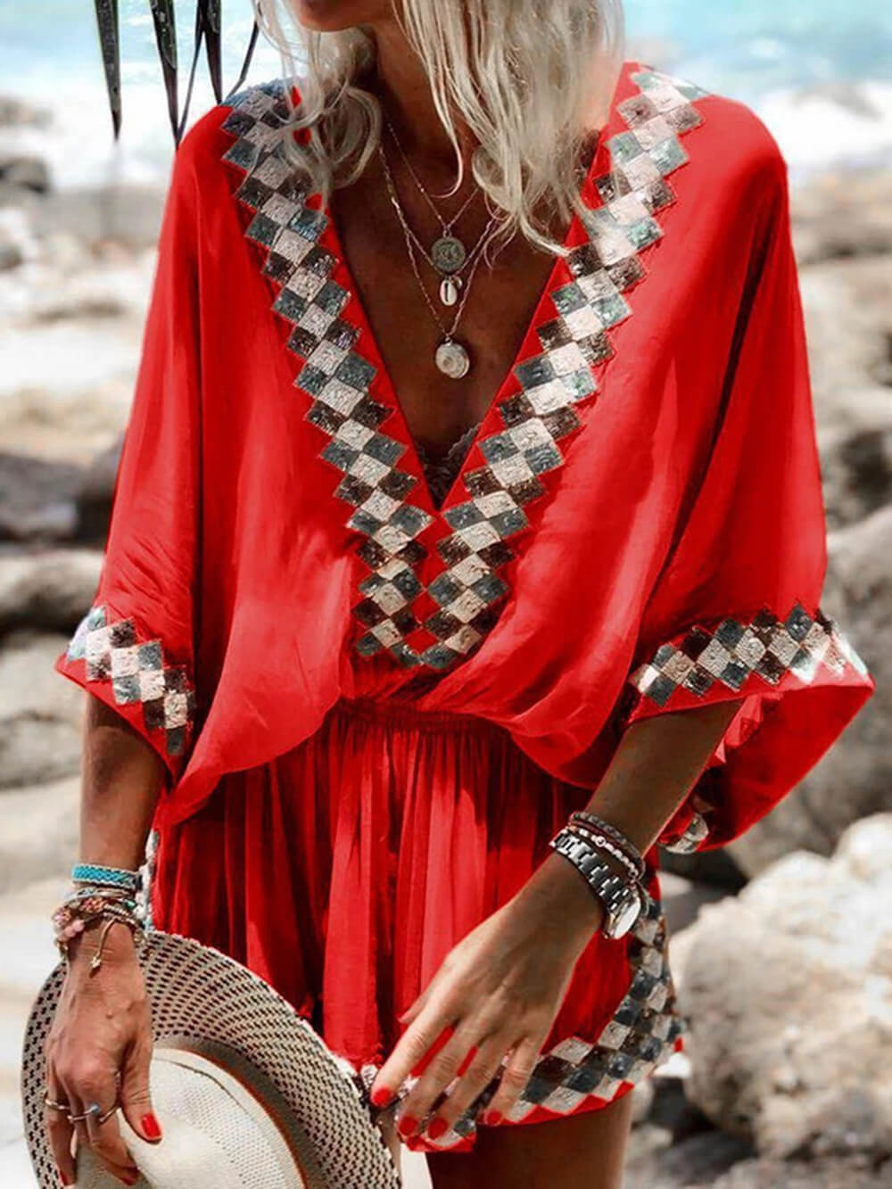 Bohemian Beach Print Kimono Romper - VibeSoothe