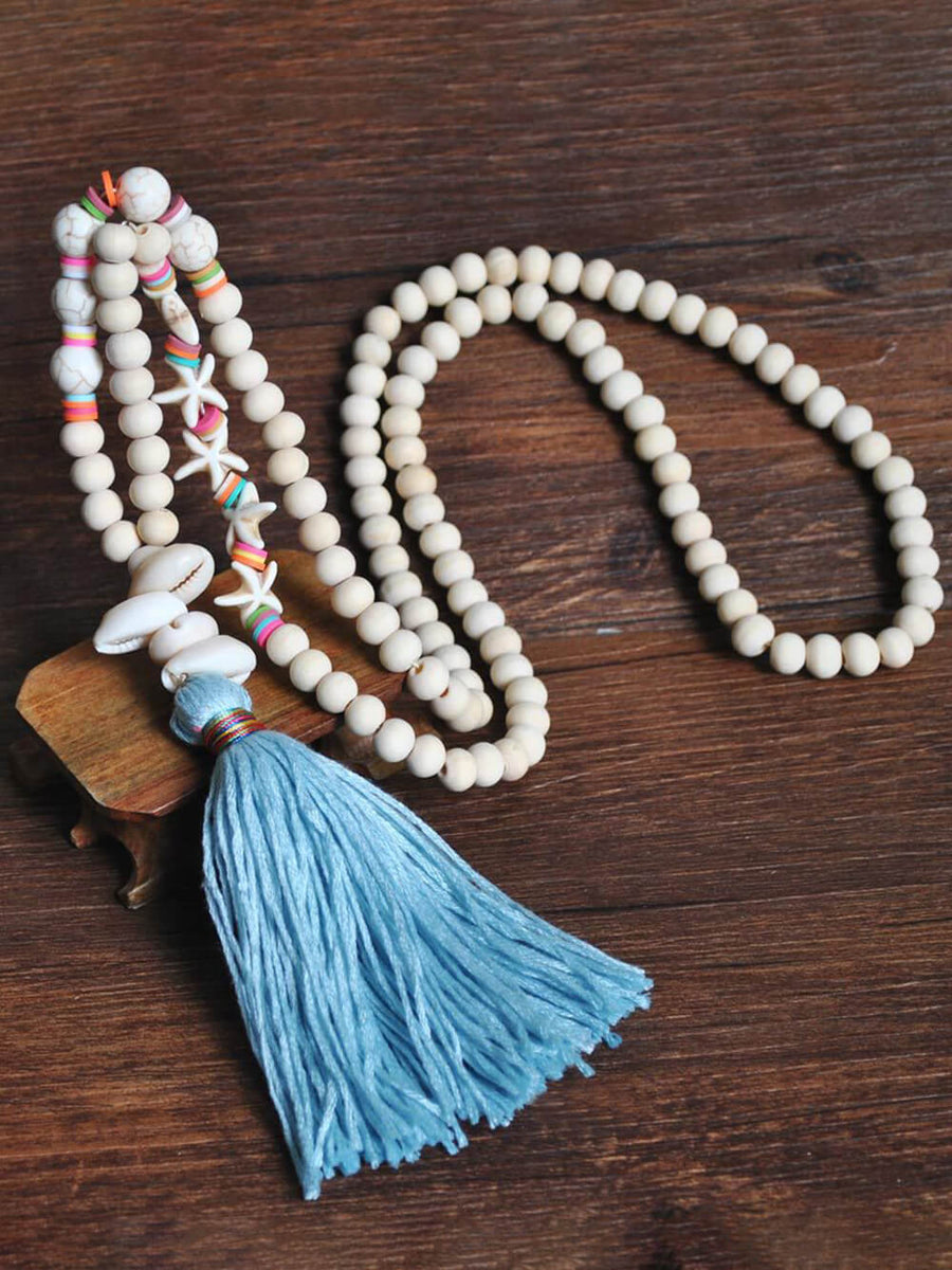 Handmade Wooden Beads Tassel and Peace Charm Pendant Long Necklace - VibeSoothe