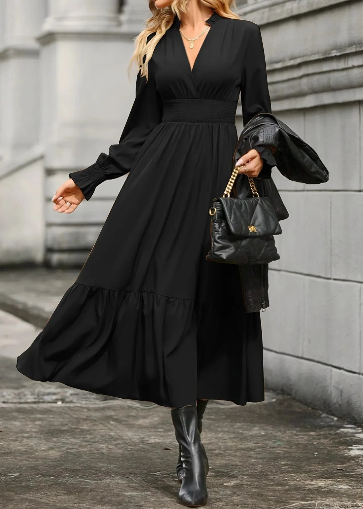 Lantern Sleeve V-Neck Dress