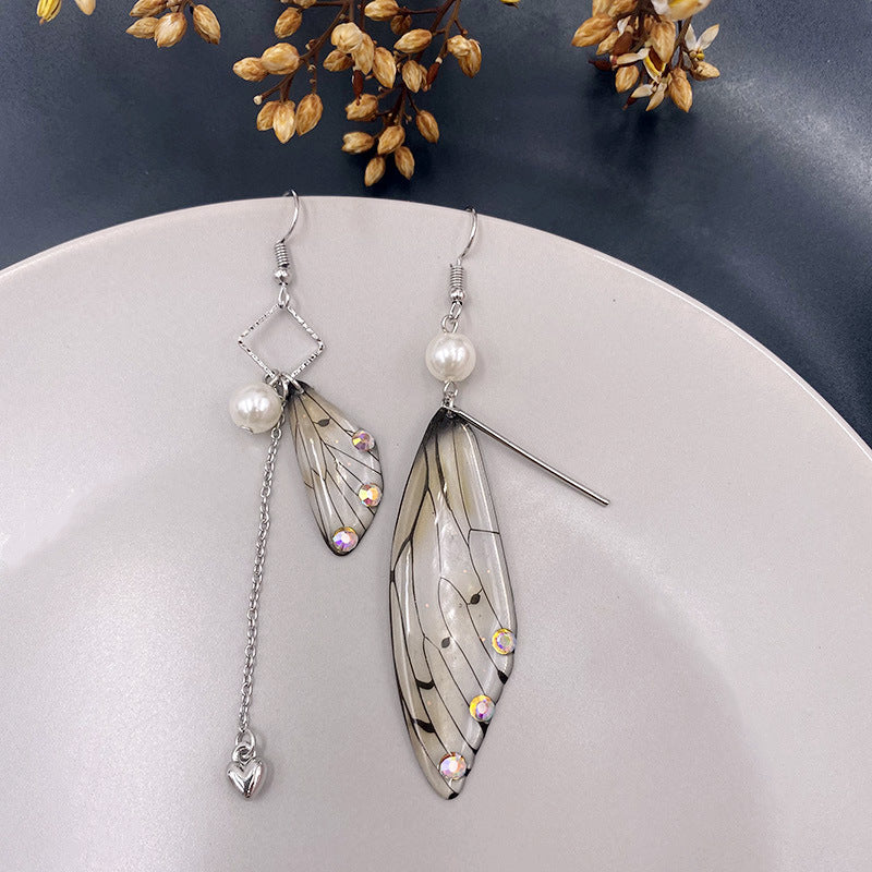 Butterfly Wing Grey Gold Foil Cicada Wing Tassel Earrings - VibeSoothe