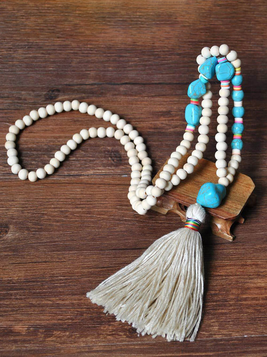 Handmade Wooden Beads Tassel and Peace Charm Pendant Long Necklace - VibeSoothe