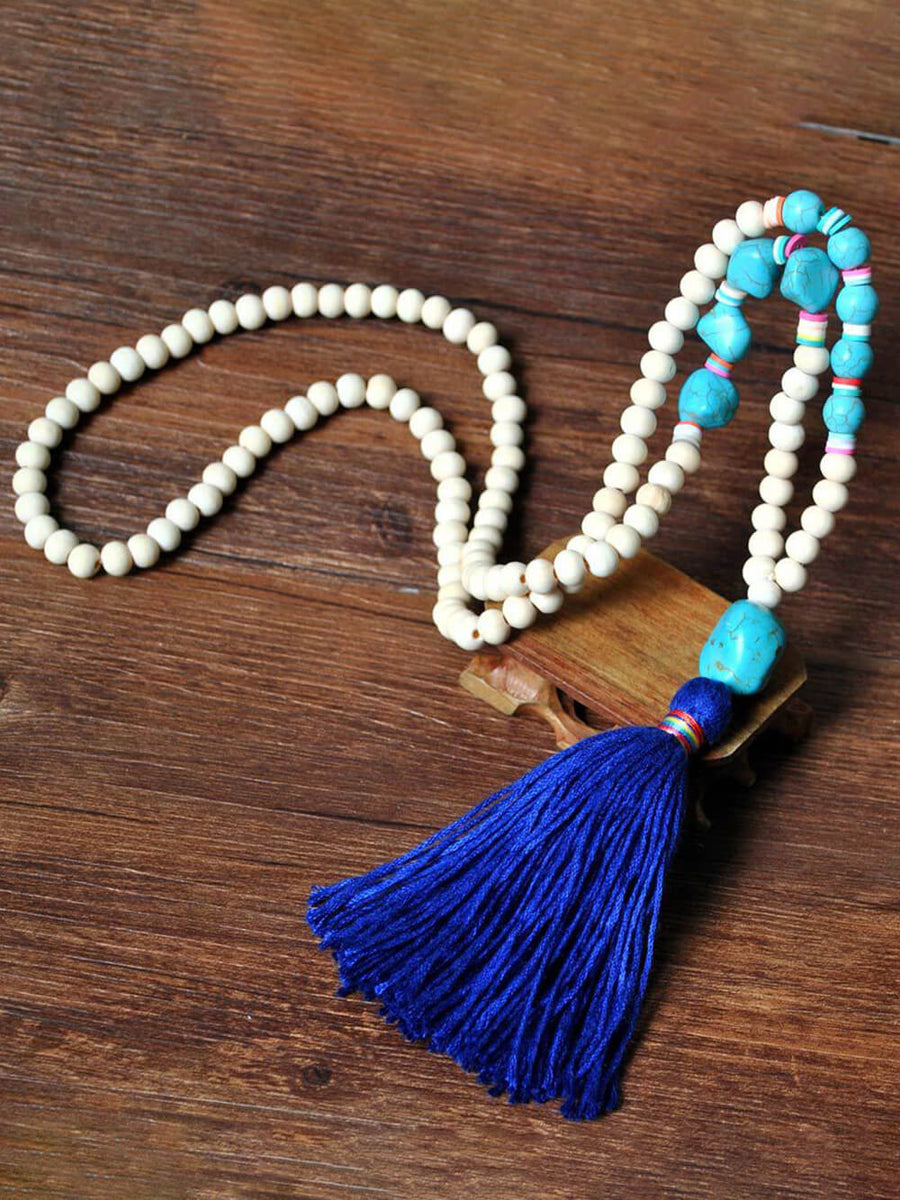 Handmade Wooden Beads Tassel and Peace Charm Pendant Long Necklace - VibeSoothe