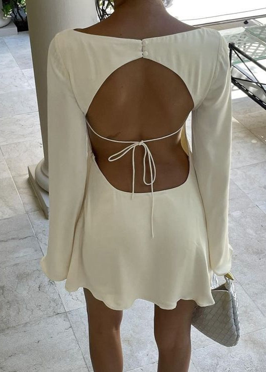 Ivory Satin Mini Dress – Long Sleeve Open Back Cocktail Dress