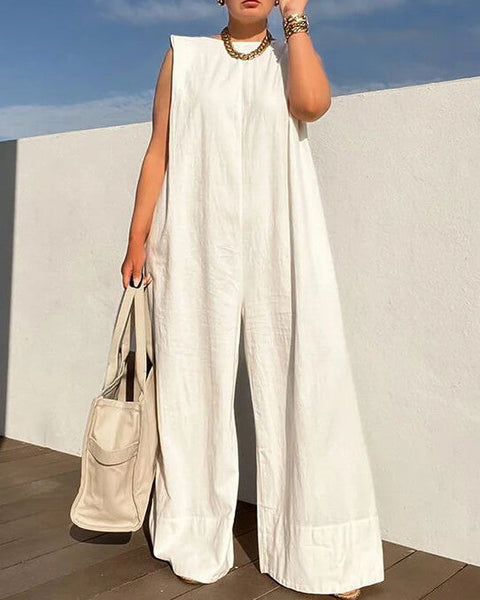 Solid Color Loose Casual Sleeveless Round Neck Wide Leg Trousers Jumpsuit