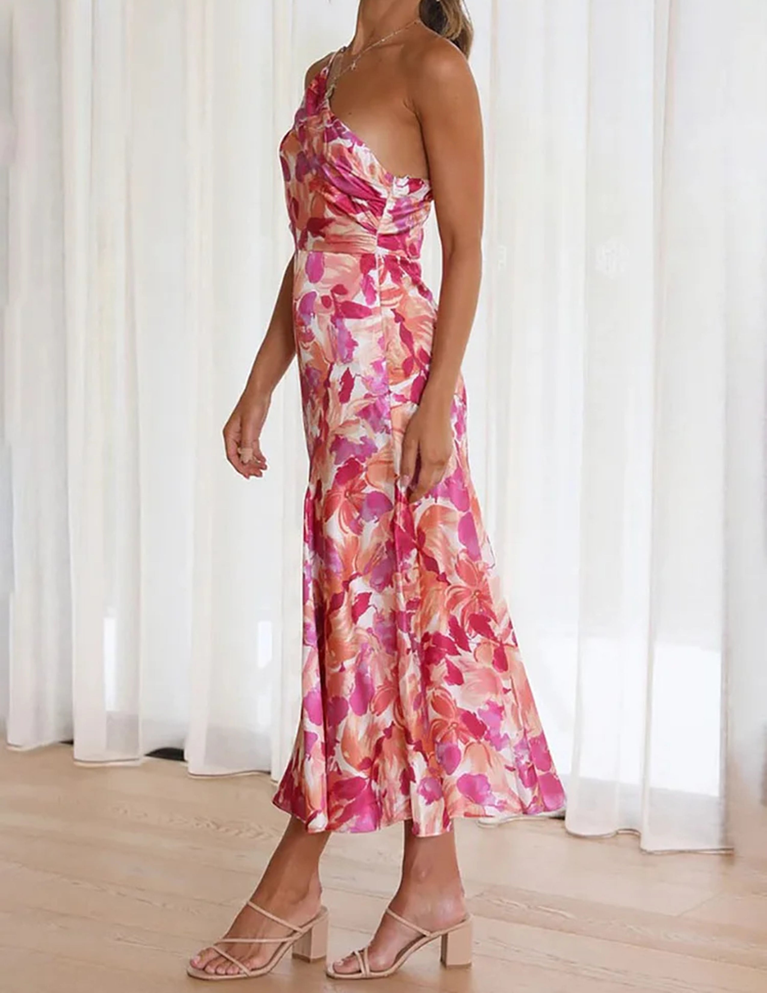 Azalea - Pink Floral One Shoulder Ruched Satin Dress - VibeSoothe