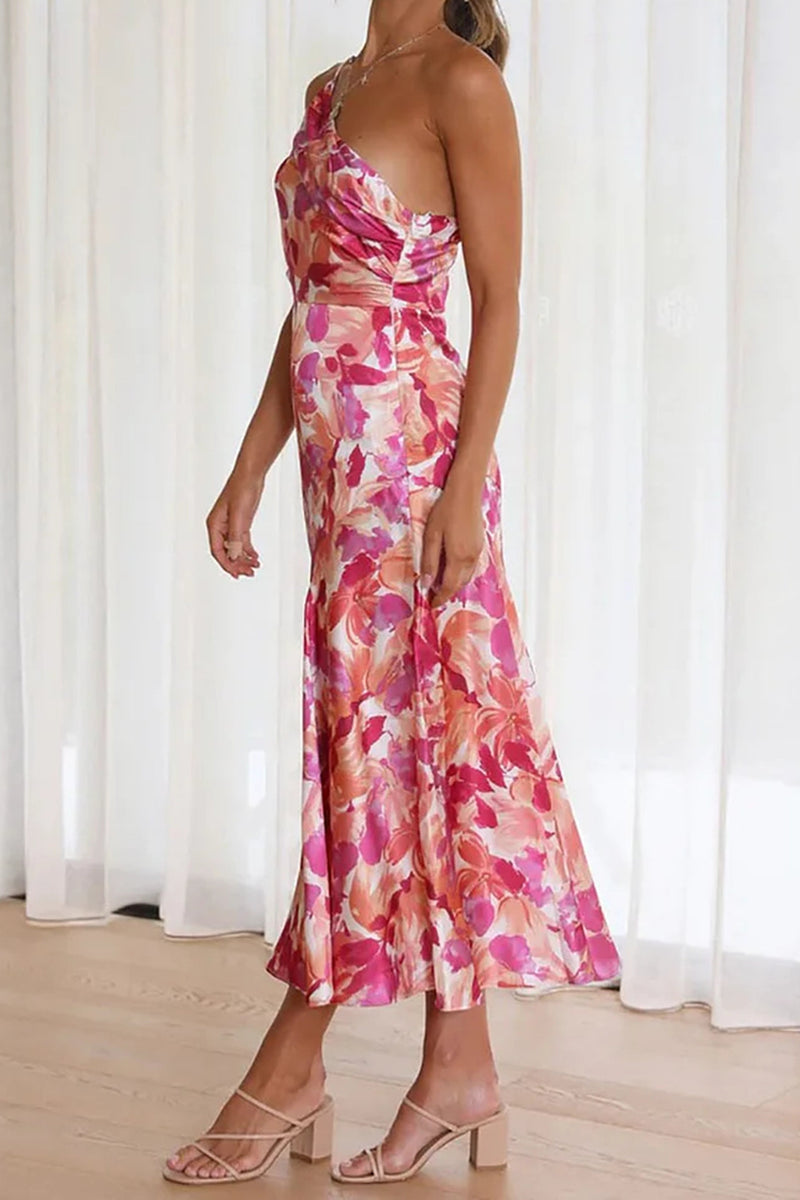 Azalea - Pink Floral One Shoulder Ruched Satin Dress - VibeSoothe