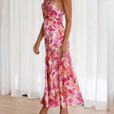 Azalea - Pink Floral One Shoulder Ruched Satin Dress - VibeSoothe