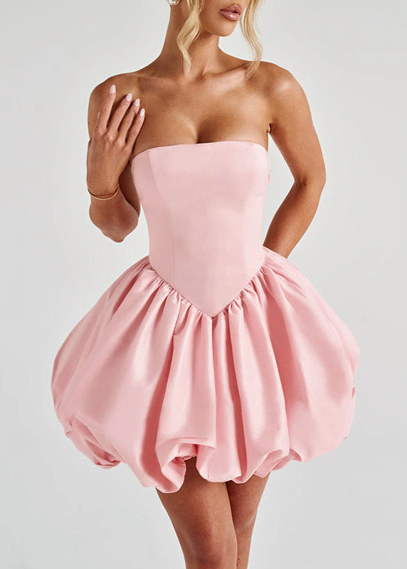 Blush Bow Corset Mini Dress – Strapless Bubble Hem Party Dress