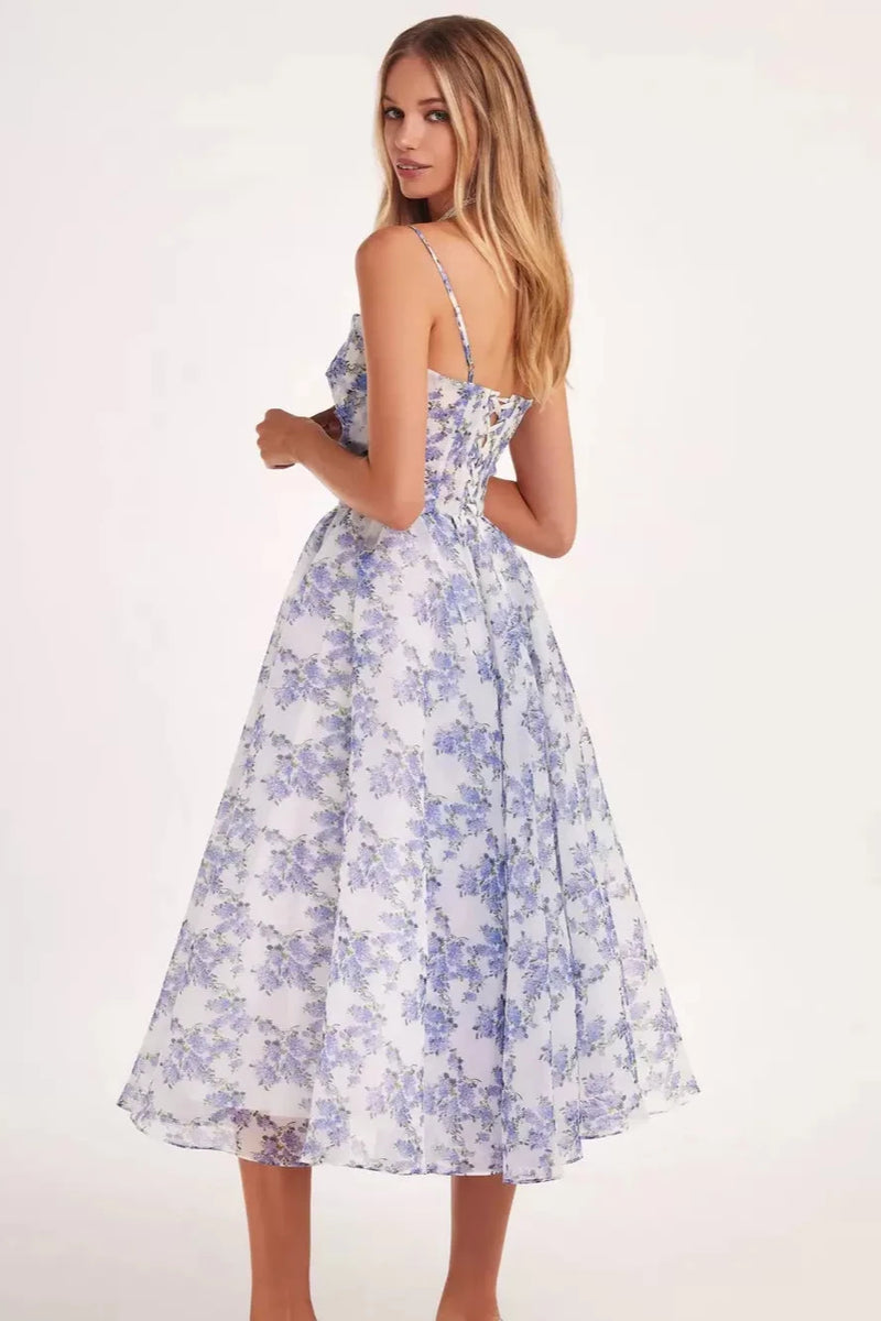 Hydrangea Haven - Robe midi rêveuse à bretelles spaghetti 