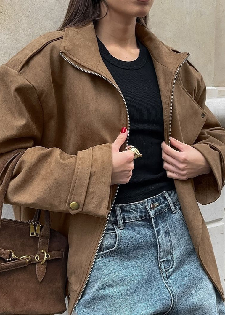 Chaqueta bomber de ante sintético Sienna – Sobredimensionada con cremallera y hombros caídos