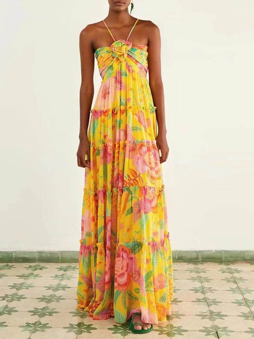 Capri Sunshine - Floral Halterneck Maxi Dress - VibeSoothe