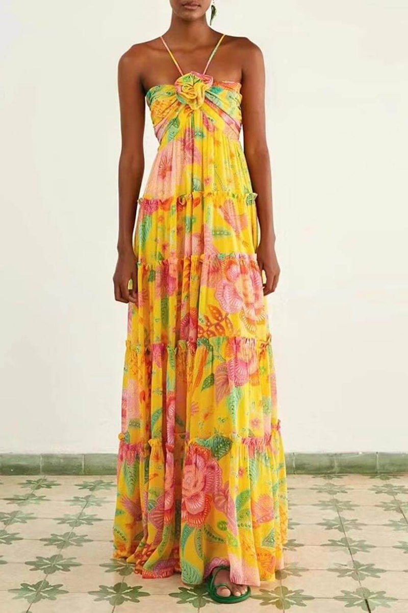 Capri Sunshine - Floral Halterneck Maxi Dress - VibeSoothe