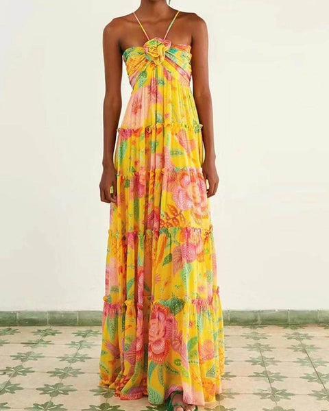 Capri Sunshine - Floral Halterneck Maxi Dress - VibeSoothe