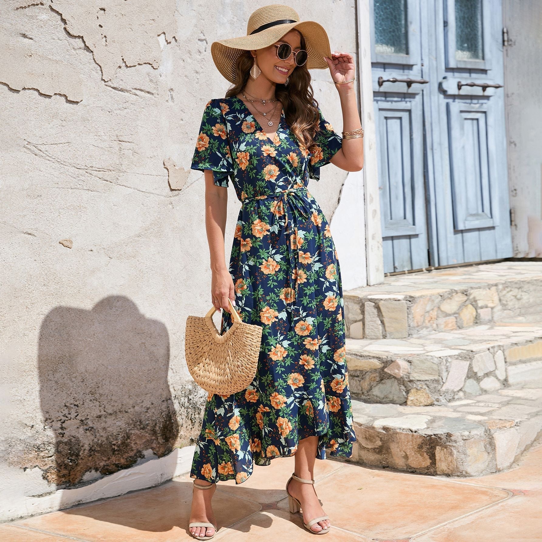 Mediterranean Bliss - V-hals bloemen maxi-jurk