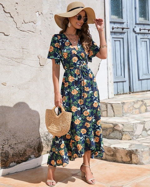 Mediterranean Bliss - V-Neck Floral Maxi Dress