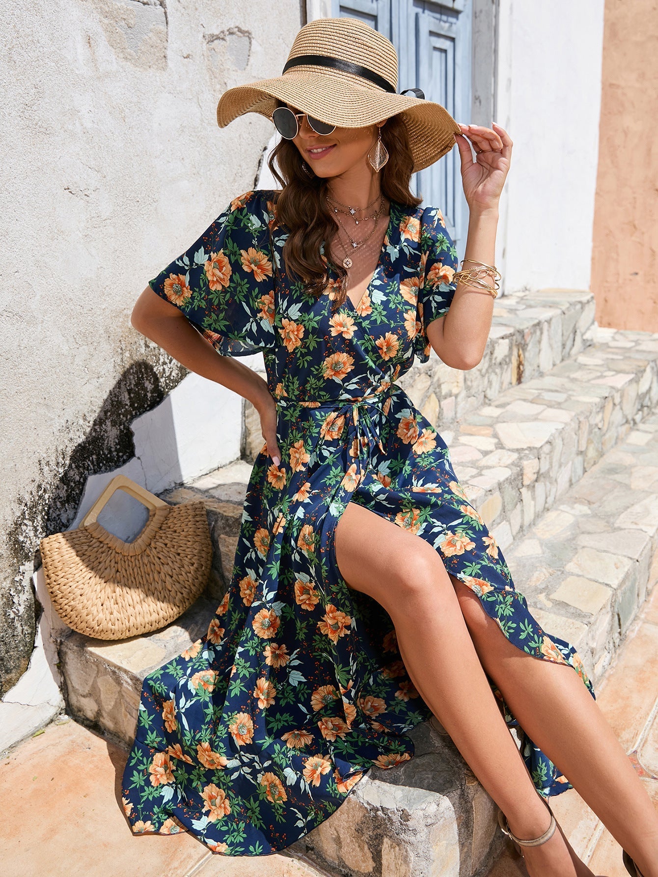 Mediterranean Bliss - V-hals bloemen maxi-jurk