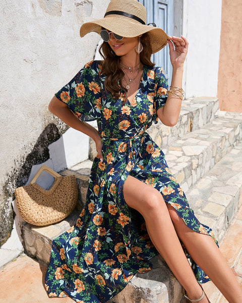 Mediterranean Bliss - V-Neck Floral Maxi Dress