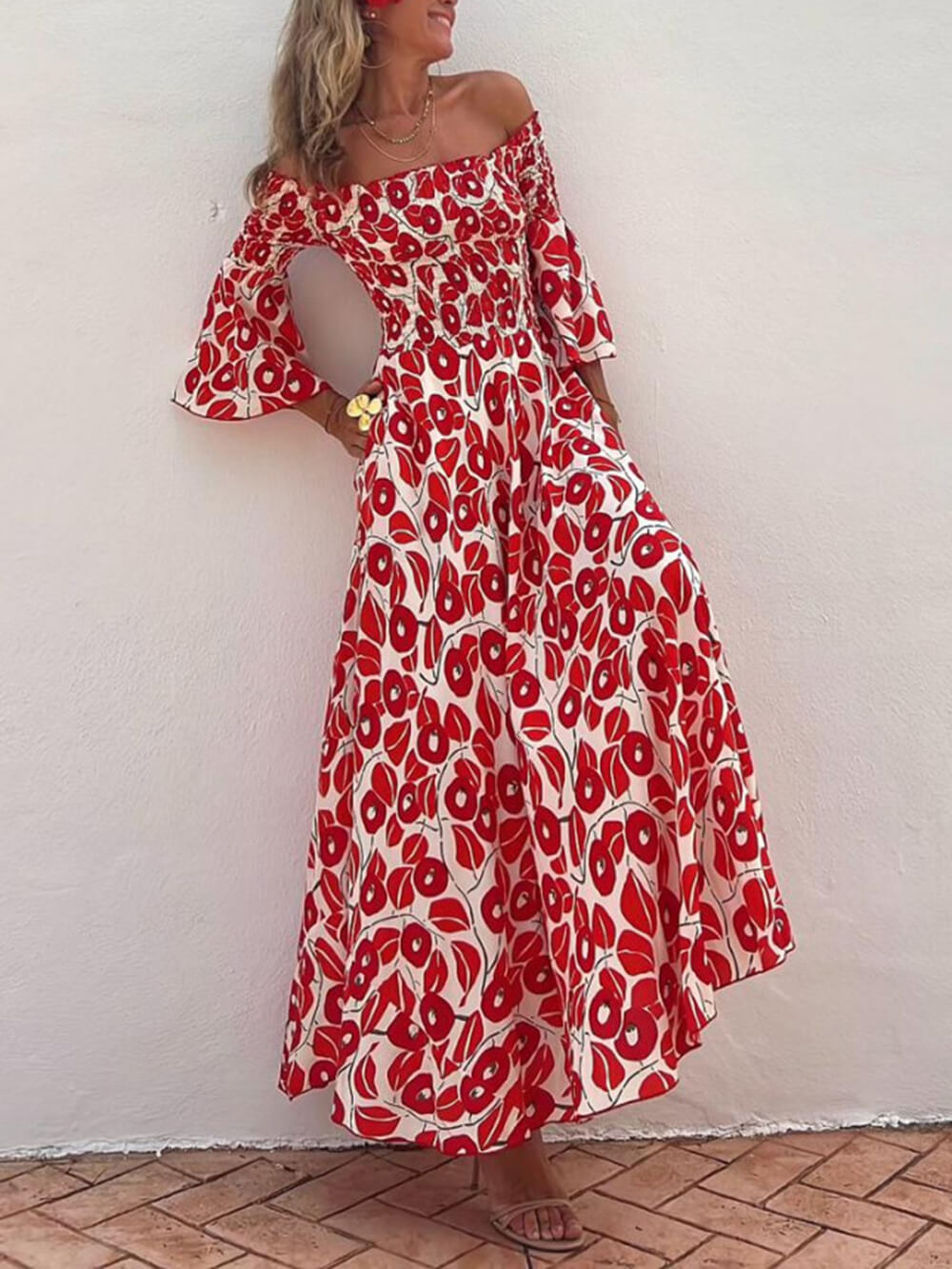 Scarlet Bloom - Smocked Off Shoulder Maxi Dress