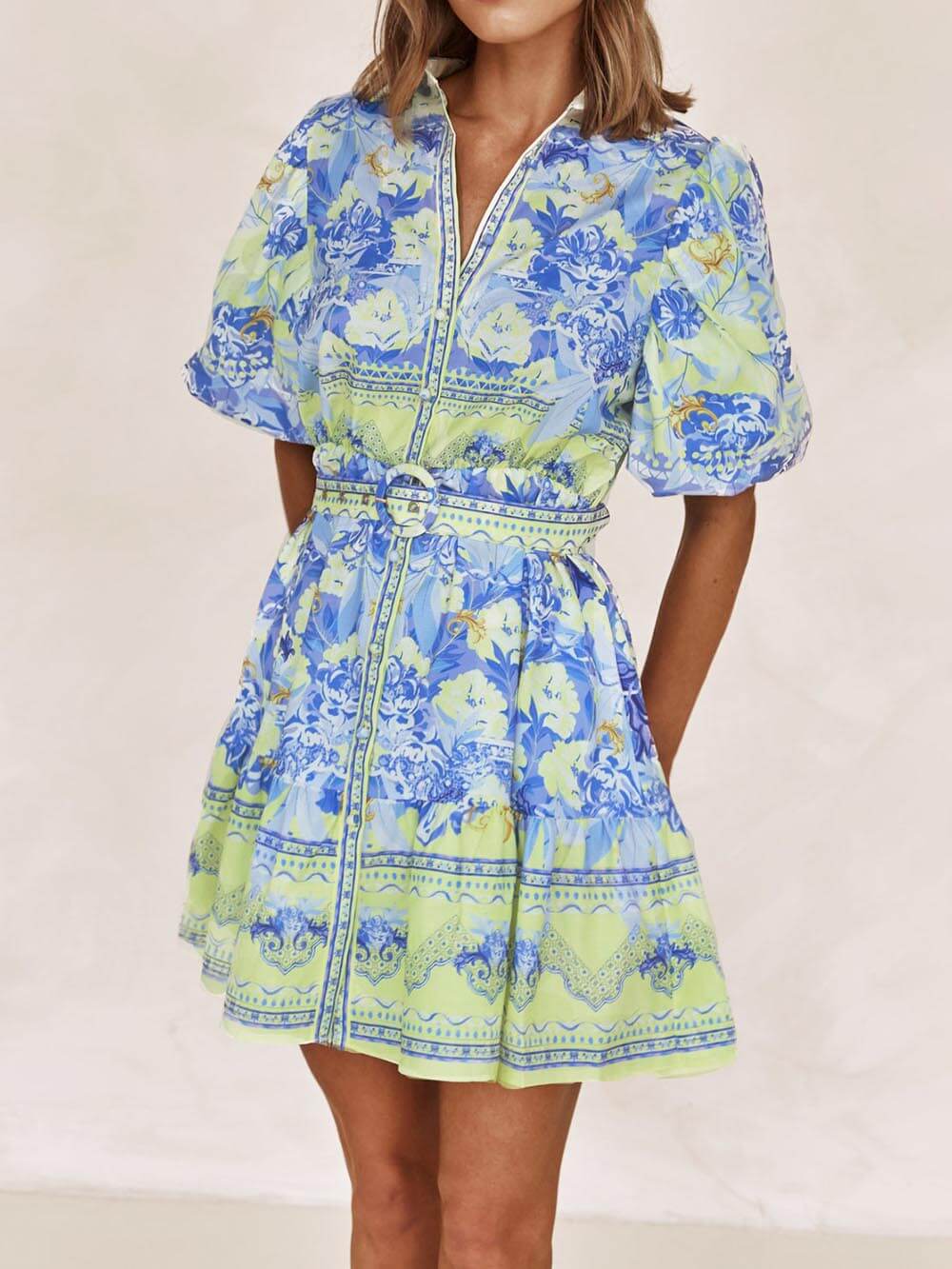 Floral Fantasy - Blue and Yellow Floral Print Mini Dress - VibeSoothe