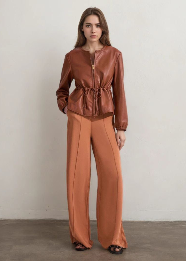 Sorelle - Cognac Faux Leather Zip Jacket with Drawstring Waist