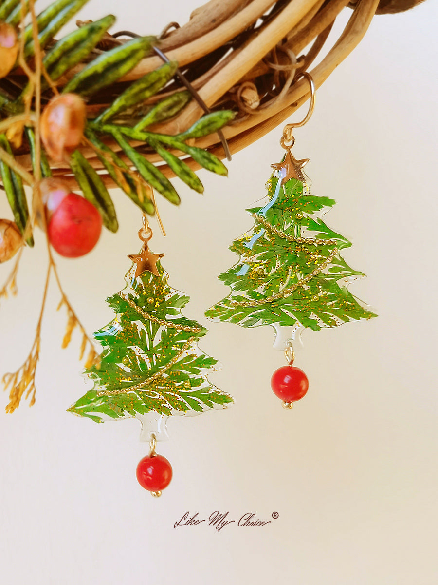 Boucle d’oreille fleur pressée - Résine d’arbre de Noël