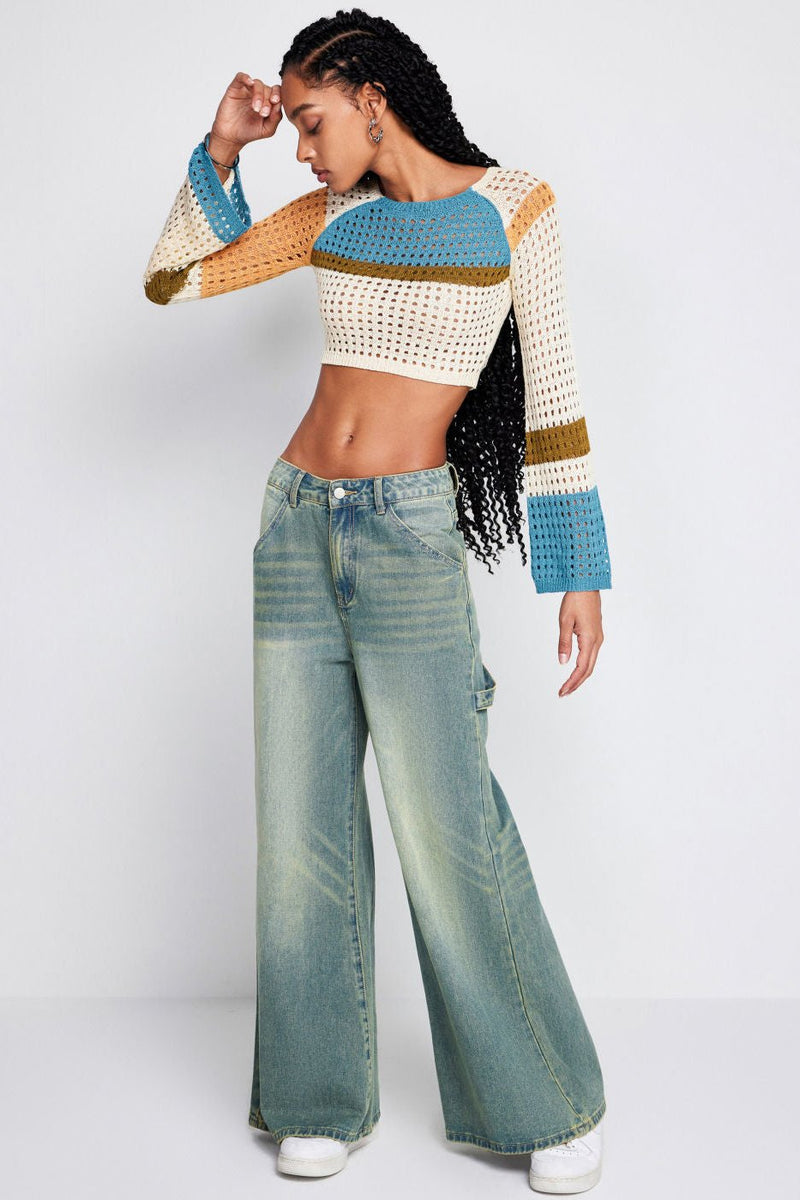 Contrasting Color Stitching Long -sleeved Hollow Sweater - VibeSoothe