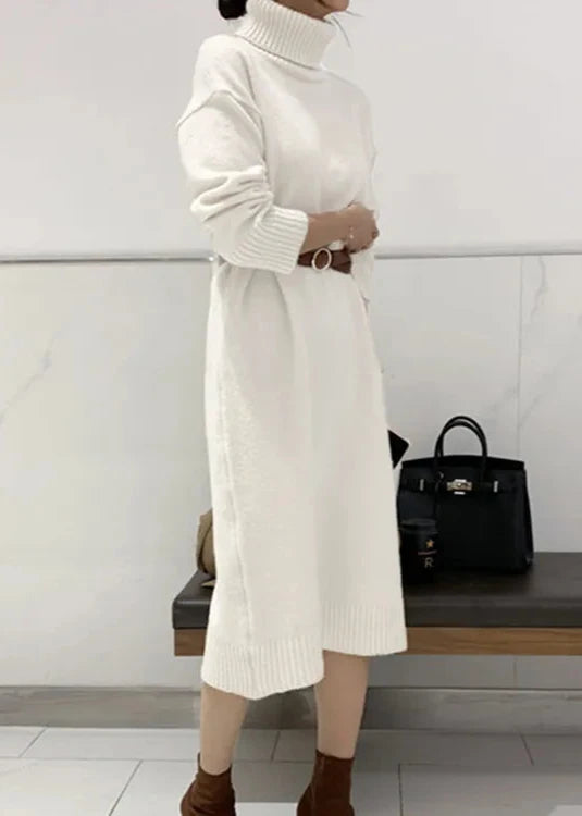 Timeless Elegance - High Collar Wool Sweater Dress