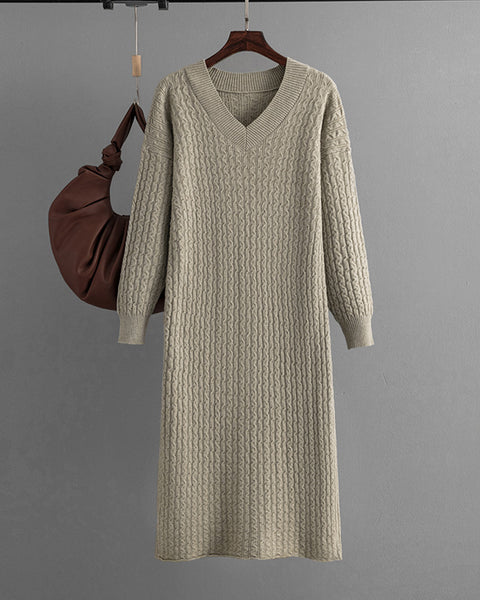 Knitting Dress V-neck Twist Bottoming Sweater Skirt Slit In The Back