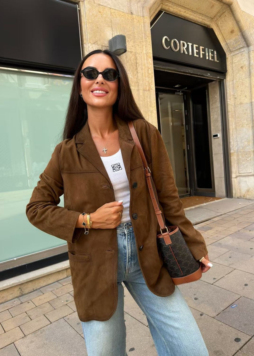 Delora - Suede Button-Front Blazer with Patch Pockets