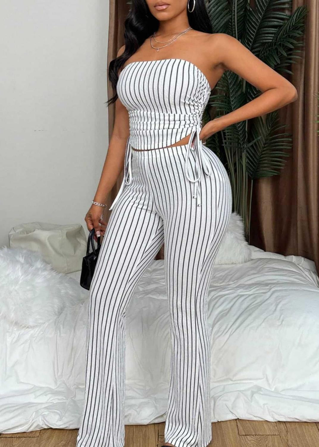 Nova Striped Bandeau Set – Ruched Tube Top & Flared Pants Two-Piece