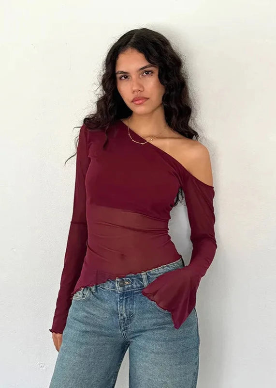 Asymmetrical Gauzy Off-Shoulder Long Sleeve Top