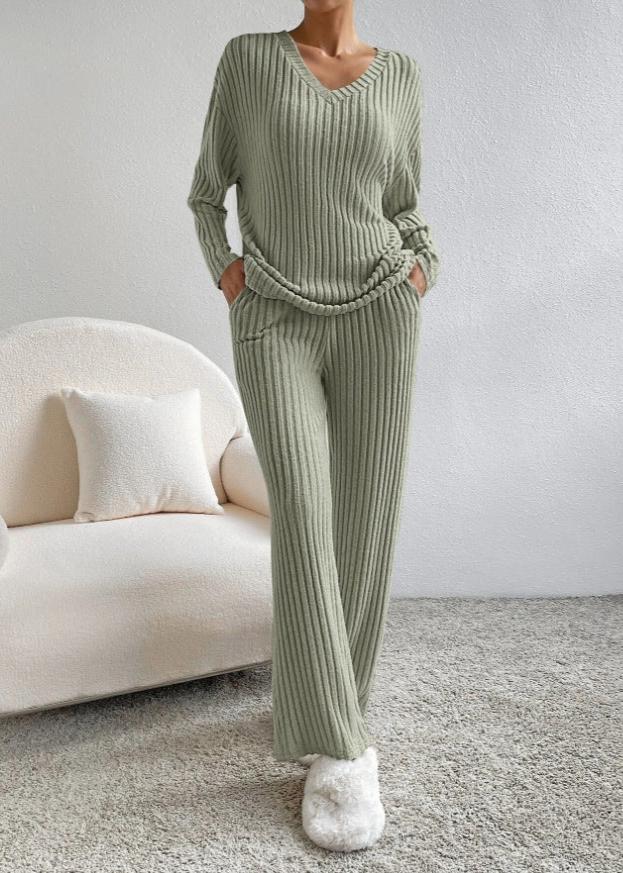 Luxe Geribbelde V-hals Loungewear Set