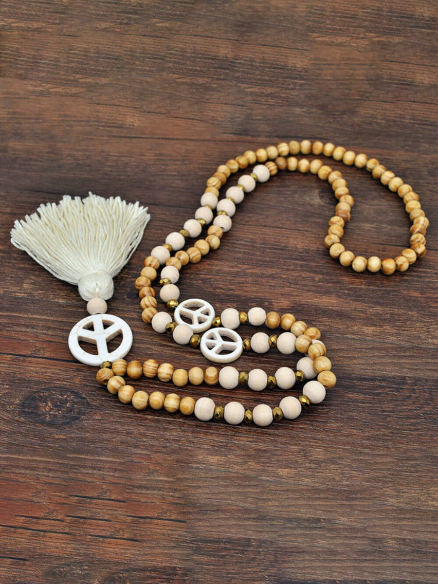 Handmade Wooden Beads Tassel and Peace Charm Pendant Long Necklace - VibeSoothe