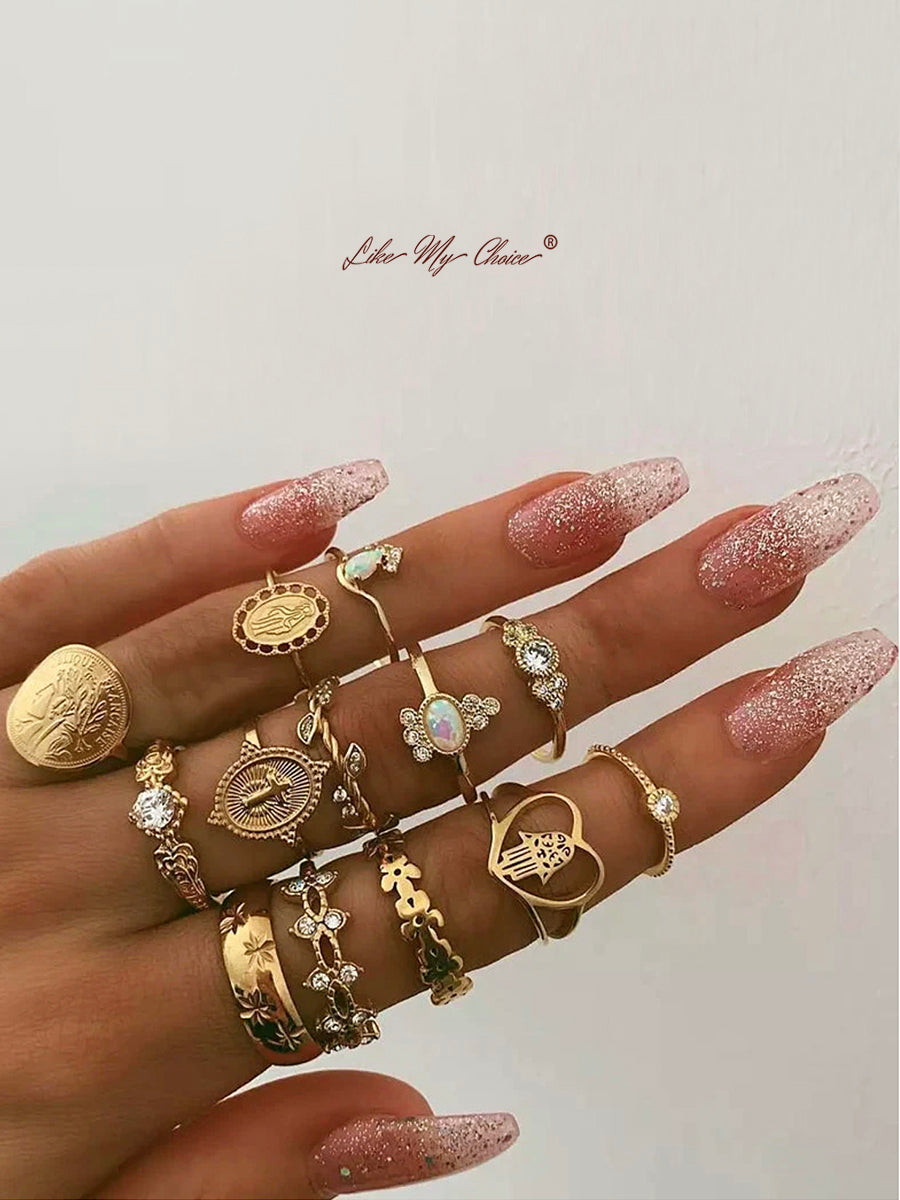 Crystal Geometric Boho Ring Set 15pcs - VibeSoothe